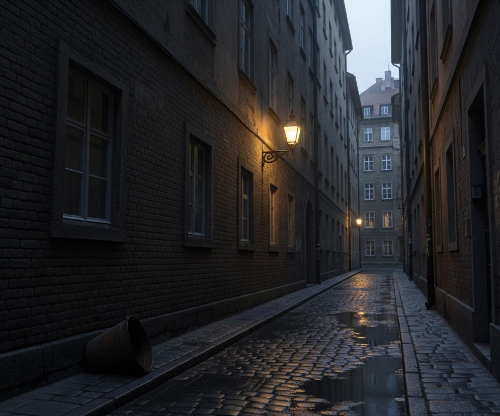 Wąska, kamienista uliczka biegnie prosto, ograniczona po obu stronach wysokimi, starymi budynkami z ciemnej cegły i tynku. Jedna żeliwna latarnia z ciepłym, żółtym światłem oświetla lewą ścianę, rzucając blask na mokrą nawierzchnię, która odbija otoczenie. Na brukowanej ścieżce po lewej stronie leży przewrócone, zardzewiałe wiadro, a w oddali widać kolejne budynki z oświetlonymi oknami i czerwonym dachem, wszystko skąpane w chłodnym, zmierzchowym świetle.