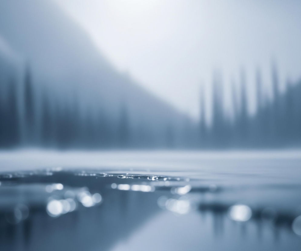 Krople wody zbierają się na powierzchni, tworząc drobne, nieregularne skupiska, które odbijają światło, tworząc efekt bokeh w dolnej części obrazu. Tło jest rozmyte i utrzymane w odcieniach szarości i błękitu, z sylwetkami drzew lub obiektów pionowych po prawej i lewej stronie. Na horyzoncie widoczne są zamglone zarysy gór lub wzniesień, a w górnej części obrazu widnieje jasne, rozproszone światło, sugerujące niebo lub źródło oświetlenia. Całość utrzymana jest w chłodnej tonacji kolorystycznej.