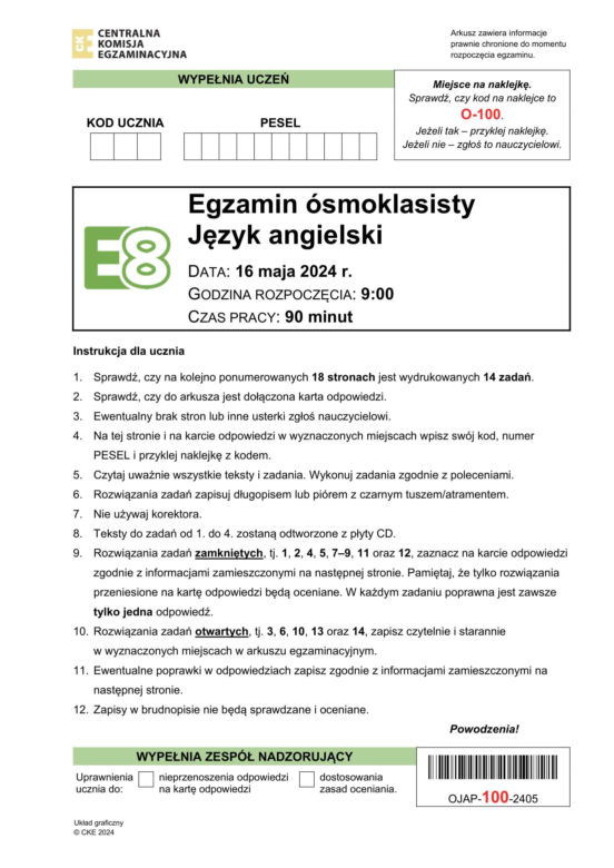 Egzamin ósmoklasisty 2024 - język angielsku
