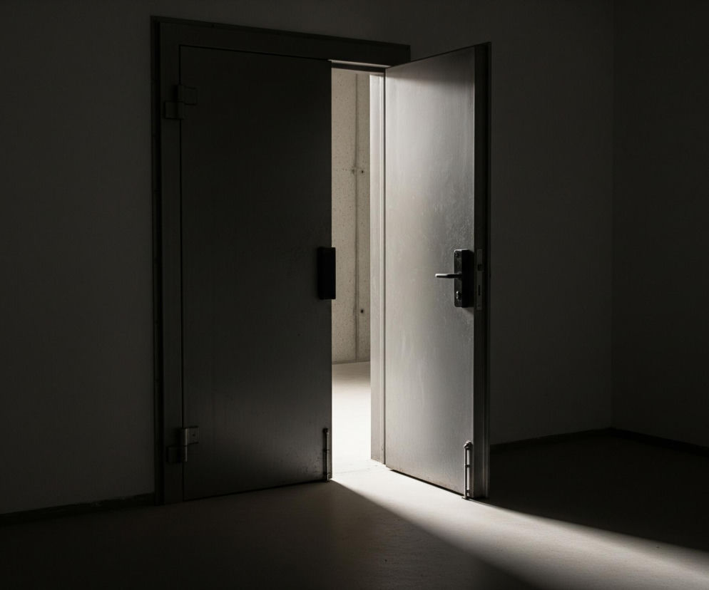 Dwoje metalowych drzwi, osadzone w ciemnym murze, są uchylone, tworząc wąskie przejście do jasnego pomieszczenia. Światło zza drzwi pada ukośnie na podłogę po prawej stronie, oświetlając uchyloną część prawego skrzydła drzwi, na którym widoczna jest czarna klamka. Lewa część obrazu oraz otwarte, ciemne skrzydło drzwi po lewej stronie pozostają w głębokim cieniu.