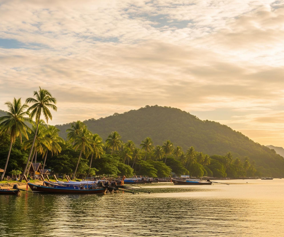 Sceneria przedstawia tropikalne wybrzeże z rzędami palm kokosowych po lewej stronie, rozciągającymi się wzdłuż piaszczystego brzegu. Kilka łodzi z długimi ogonami cumuje wzdłuż brzegu, a drewniane chaty z ciemnymi dachami są widoczne między drzewami na lądzie. Na tle wznoszą się zielone, pokryte bujną roślinnością wzgórza i góry, zanurzając się w ciepłych, złotych barwach zachodzącego słońca, które odbijają się w spokojnych wodach zatoki. Niebo jest częściowo zachmurzone, z miękkimi, rozproszonymi chmurami w odcieniach błękitu i jasnej pomarańczy.