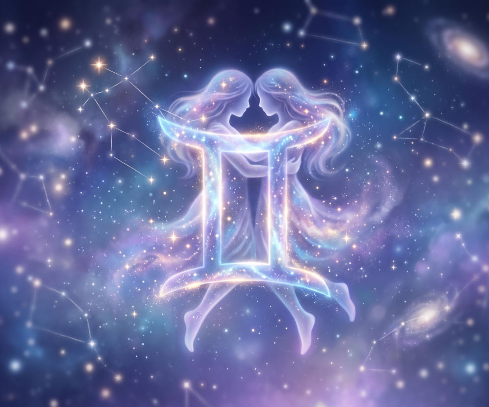 Symbol zodiaku Bliźniąt na tle rozgwieżdżonego kosmosu z postaciami kobiet. Horoskop dla Bliźniąt znajdziesz w serwisie Eska.