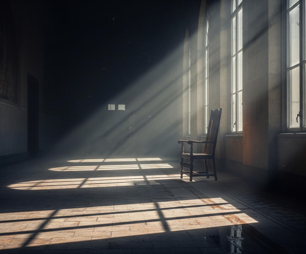 Pusta, drewniana kołysząca się fotel stoi w prawym centrum obrazu, wzdłuż długiego, ciemnego korytarza. Gęste promienie światła, wypełnione widocznymi cząsteczkami kurzu, wpadają przez wysokie, prostokątne okna z podziałami na pionowe i poziome szyby, tworząc wyraźne, prostokątne cienie na podłodze. Podłoga wyłożona jest jasnobrązowymi, zniszczonymi kafelkami, a na jej prawym skraju widać mokrą plamę odbijającą światło. Ściany są ciemne, a po lewej stronie znajduje się nisza z ciemnym obrazem lub freskiem, słabo widocznym w głębi cienia.
