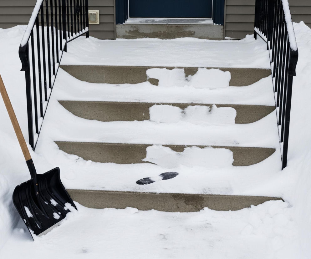 Widoczne są zaśnieżone schody prowadzące do ciemnoniebieskich drzwi wejściowych, otoczonych szarym sidingiem domu. Na lewo od schodów oparta jest o zaśnieżony grunt czarno-drewniana łopata do śniegu. Schody, wykonane z szarego materiału, są częściowo pokryte śniegiem, z wyraźnymi śladami butów na jednym ze stopni. Po obu stronach schodów znajdują się czarne, metalowe balustrady, również pokryte lekką warstwą śniegu. Całe otoczenie jest zasypane białym, puszystym śniegiem, tworząc zimowy krajobraz.