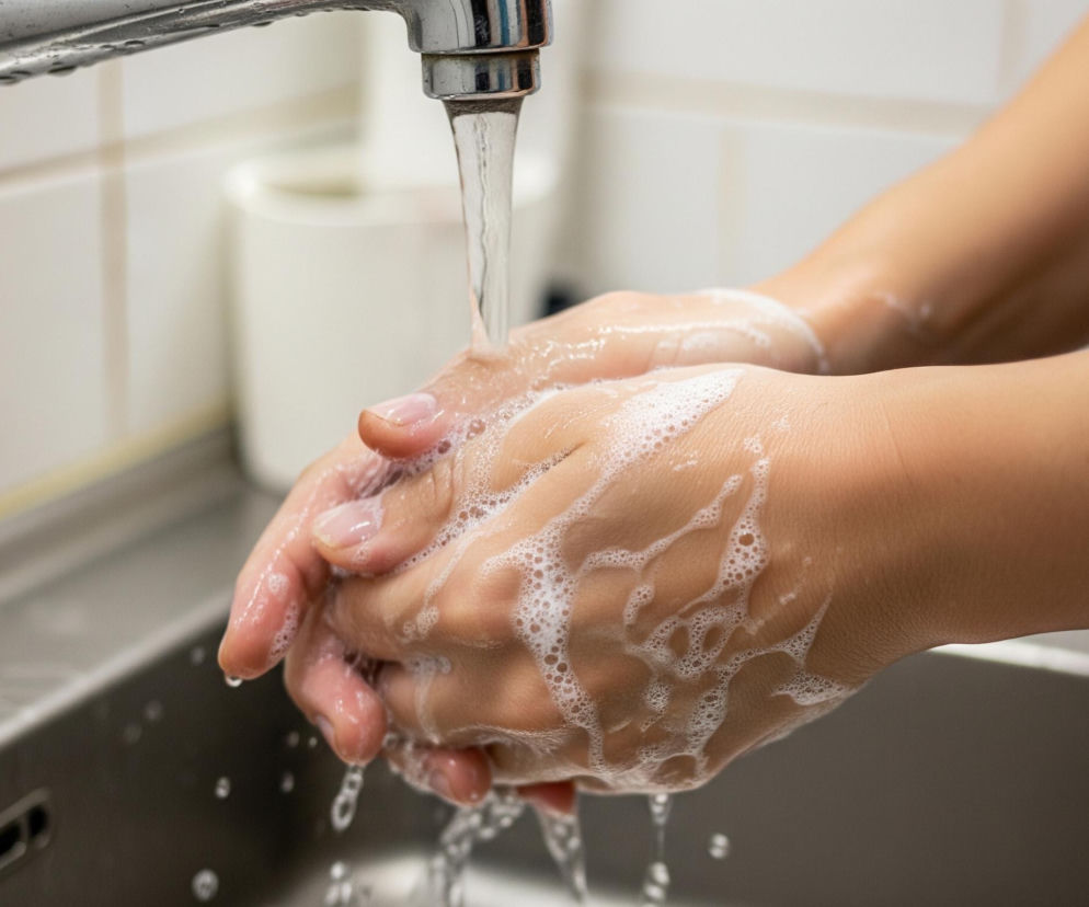 Dłonie z widoczną pianą mydlaną znajdują się pod srebrnym kranem, z którego leci strumień wody. Lewa dłoń jest lekko zaciśnięta, a na jej wierzchu i palcach widać gęstą, białą pianę. Z mytych rąk ścieka woda, tworząc drobne kropelki. Tło stanowi biała, kafelkowana ściana z jasnym fugami oraz ciemniejszy, metalowy zlew.