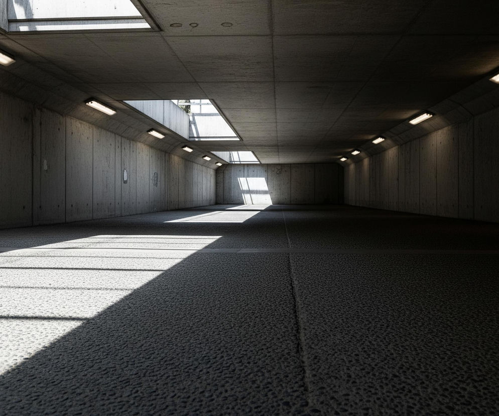 Długi, prosty betonowy tunel rozciąga się w głąb obrazu, z dwiema ścianami bocznymi i sufitem. Na lewej ścianie widoczne są cztery prostokątne oprawy świetlówkowe, a na suficie znajdują się prostokątne otwory, przez które wpada dzienne światło, tworząc jasne plamy i cienie na szarej, teksturowanej podłodze. W dali, po prawej stronie, widać jaśniejsze światło dzienne, a po lewej stronie dalszej części tunelu fragment nieba przez kolejny otwór. Cała konstrukcja utrzymana jest w ciemnych odcieniach szarości, z wyraźnymi kontrastami światła i cienia.