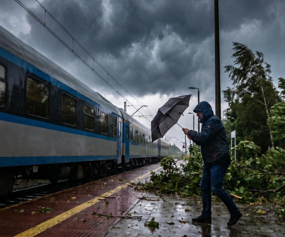 Mężczyzna z parasolem na peronie obok pociągu podczas burzy. O utrudnieniach w PKP Intercity przeczytasz w Eska.