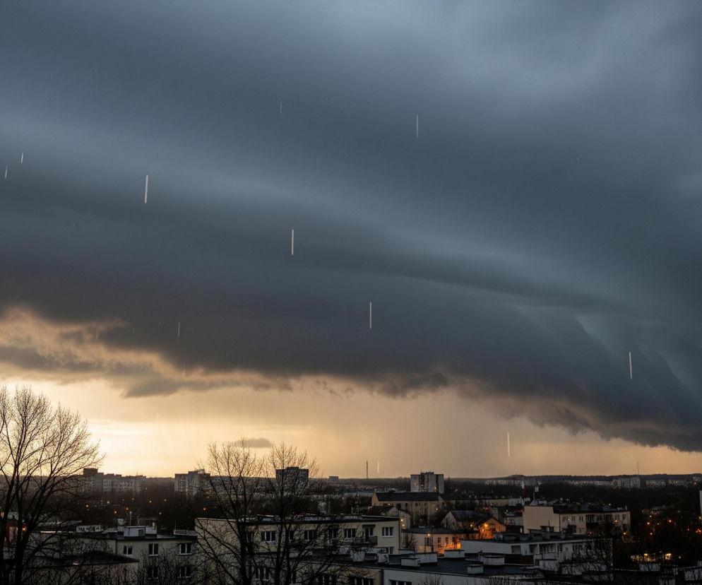 Rozległe, ciemnoszare chmury o pofalowanym kształcie dominują niebo, z jaśniejszym, pomarańczowo-żółtym pasem światła widocznym tuż pod nimi na horyzoncie. Niżej rozciąga się miejski krajobraz z wieloma budynkami o różnej wysokości, przeważnie w ciemnych odcieniach, z pojedynczymi, ciepłymi światłami wydobywającymi się z okien lub latarni. Na pierwszym planie, w lewej części kadru, znajdują się nagie drzewa z gęstą siecią gałęzi, ich sylwetki odcinają się na tle jaśniejszego nieba. Widoczne są również smugi deszczu lub gradu, które wyglądają jak pionowe białe linie na ciemnym niebie, rozrzucone nieregularnie po całym kadrze.