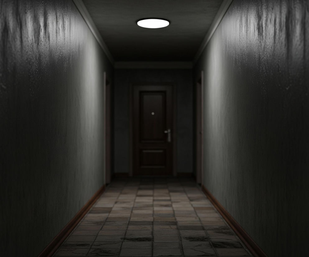 Długi, ciemny korytarz rozciąga się w głąb obrazu, prowadząc wzrok do zamkniętych drzwi na jego końcu. Sufit jest niski i ciemny, z pojedynczą, okrągłą, jaskrawo świecącą lampą sufitową umieszczoną centralnie. Ściany boczne, utrzymane w odcieniach szarości, są wyraźnie poplamione i noszą ślady wilgoci lub zacieków, tworząc na nich pionowe smugi, szczególnie widoczne w górnych partiach. Podłoga wyłożona jest kwadratowymi, brązowo-szarymi płytkami, które również wydają się wilgotne, z widocznymi refleksami światła odbijającymi się od ich powierzchni.