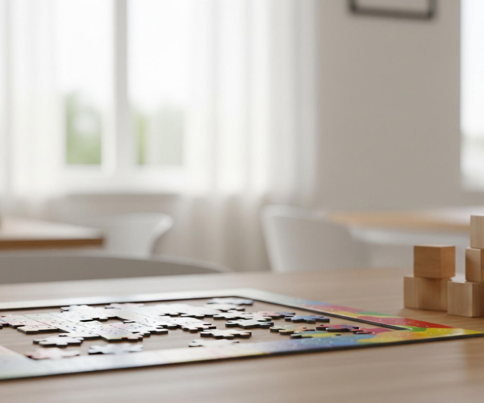 Na drewnianym stole leży niedokończona układanka składająca się z wielu puzzli o różnych kształtach i kolorach, z częściowo ułożonymi fragmentami w centralnej części. Obok układanki, po prawej stronie, znajdują się drewniane klocki ułożone w dwie niewielkie wieże. Tło stanowią rozmyte wnętrza, w których widać jasne okna zasłonięte białymi, przezroczystymi zasłonami, a także fragmenty innych stołów i krzeseł. Dominują stonowane barwy drewna, bieli i delikatnych odcieni widocznych na puzzlach, tworząc spokojny, dzienny klimat.