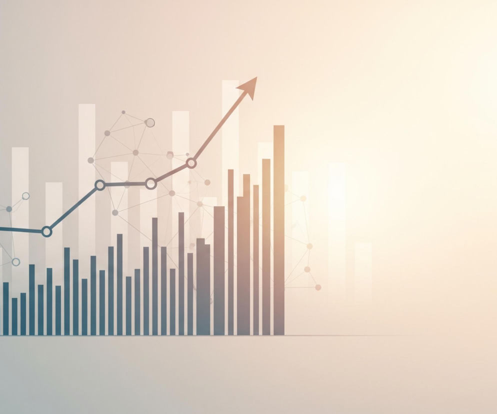 W lewej części obrazu widoczny jest wykres liniowy z pięcioma ciemnoniebieskimi punktami, połączonymi linią, która wznosi się w kierunku prawego górnego rogu i kończy strzałką. Pod linią znajduje się szereg pionowych słupków, rozpoczynających się od ciemnoniebieskich po lewej, stopniowo przechodzących w brązowy kolor w kierunku prawej strony. W tle, za słupkami, umieszczone są jaśniejsze, niemal przezroczyste słupki, a także sieć połączonych ze sobą punktów. Całe tło przechodzi z delikatnego, chłodnego szarobłękitnego odcienia po lewej stronie w ciepły, jasny beżowo-pomarańczowy kolor po prawej.