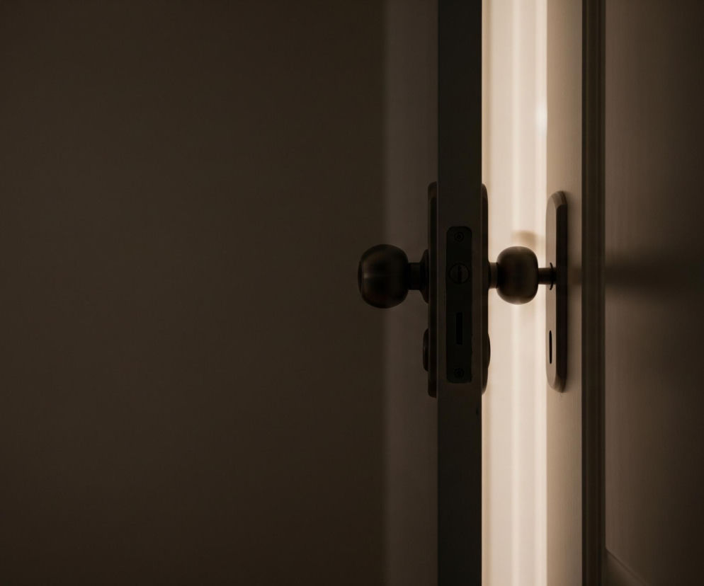Uchylone drzwi ukazują jasną szczelinę po prawej stronie, podczas gdy reszta pomieszczenia, na którą patrzymy, jest pogrążona w cieniu. Na framudze i skrzydle drzwi widoczne są mosiężne, okrągłe klamki z podłużnymi płytkami, które są wyraźnie widoczne na tle jaśniejszego światła prześwitującego przez szparę. Światło zza uchylonych drzwi tworzy delikatną poświatę na krawędziach paneli drzwiowych, podkreślając ich kształt. Cały obraz ma ciemną, monochromatyczną kolorystykę z dominującymi brązami i beżami.