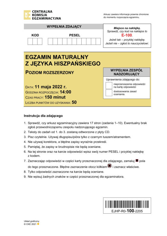 Matura 2022: hiszpański rozszerzony. Arkusze CKE, zadania, pytania. Poziom rozszerzony