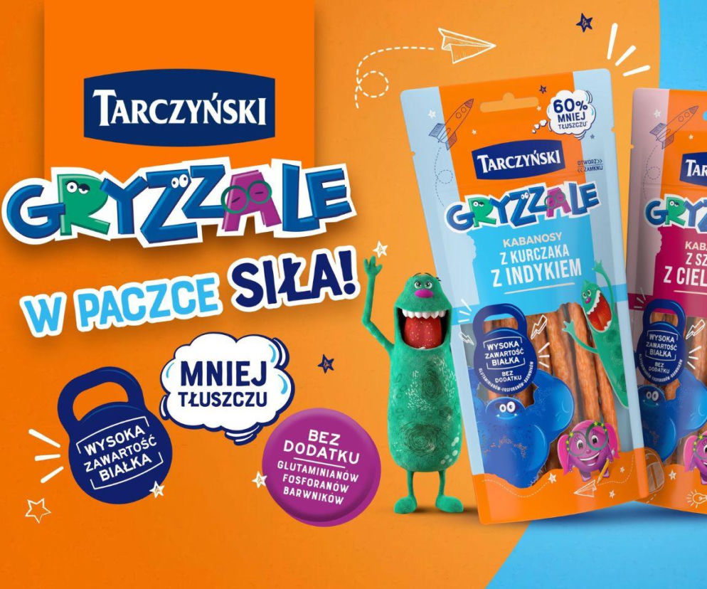 Opakowania kabanosów Gryzzale marki Tarczyński na pomarańczowym tle. O zdrowych śniadaniówkach przeczytasz na Eska.