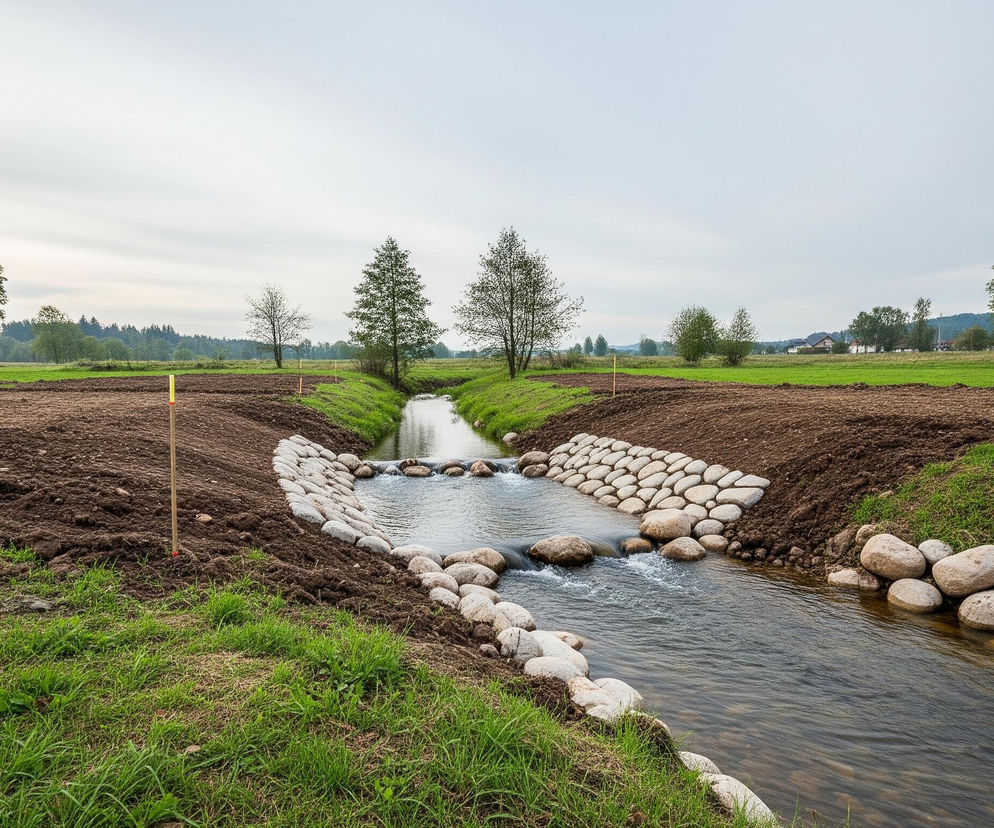 Kręty strumień z bystrzami, otoczony kamieniami i wzmocnionymi brzegami ziemnymi, płynie przez zieloną dolinę. Po obu stronach strumienia widoczne są pasy świeżo zaoranej, ciemnobrązowej ziemi, przeplatające się z trawiastymi obszarami. W tle rozciąga się wiejski krajobraz z rozproszonymi drzewami o zielonych liściach oraz odległymi zabudowaniami i lasem, wszystko pod jasnym, zachmurzonym niebem.