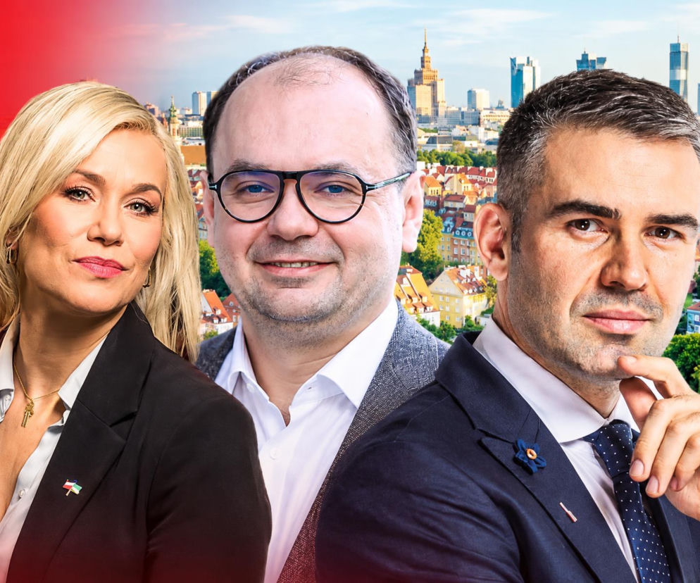 Sebastian Gajewski i dwoje rozmówców na tle Warszawy. O sporze o sędziów Trybunału dowiesz się z SE Polityka.