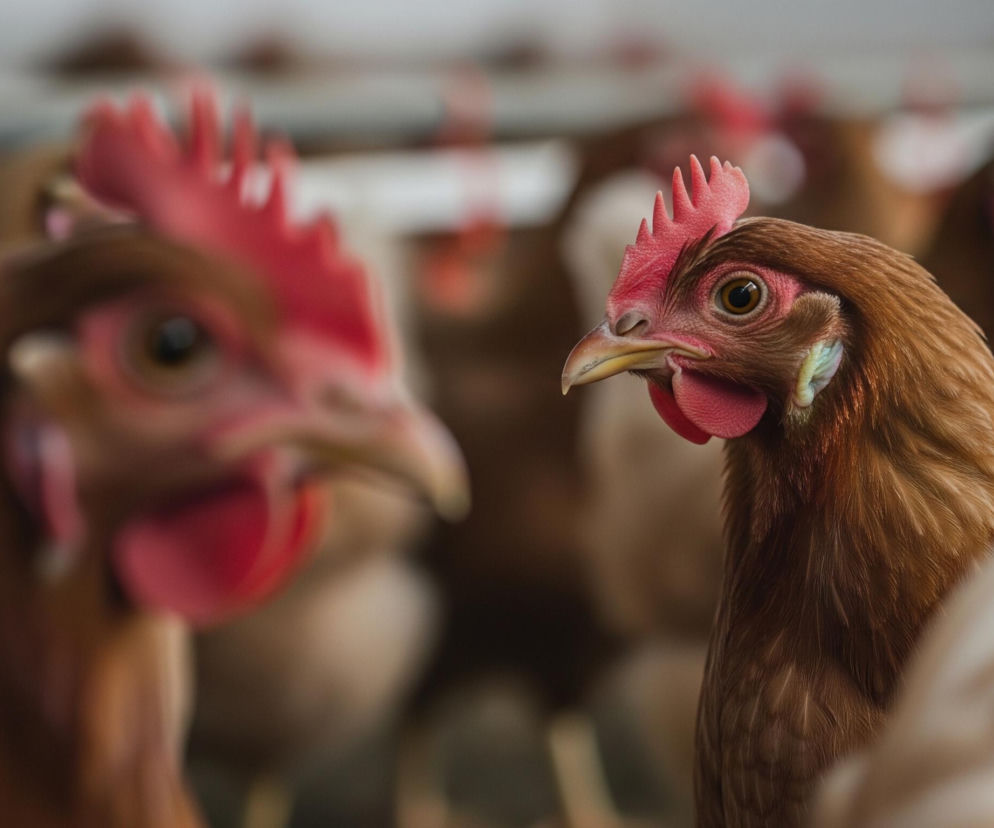 Głównym obiektem jest kura o brązowym upierzeniu, ukazana w ujęciu zbliżeniowym, z ostrym detalem głowy. Ma czerwony, ząbkowany grzebień i czerwoną dzwonek pod dziobem, który jest jasnożółty. Na boku głowy, pod okiem, widać niebieskawą plamkę na piórach. Kura patrzy w prawo, jej oko jest brązowe z czarną źrenicą. Z lewej strony kadru, w tle, znajduje się druga kura z niewyraźnym zarysem głowy i czerwonym grzebieniem, a reszta tła wypełniona jest rozmytymi kształtami innych kur.