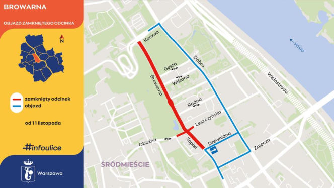 Remont Browarnej, zmiany na Powiślu - ZDM Warszawa