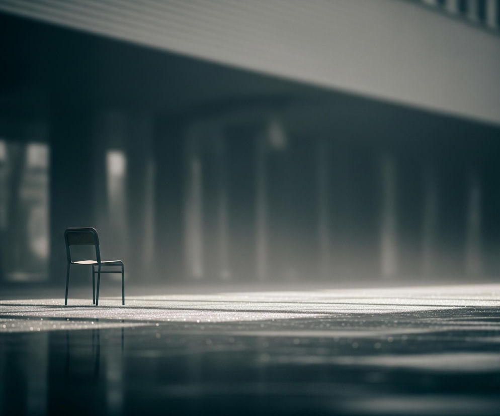 Czarne krzesło z jasnym, prostokątnym oparciem i siedziskiem stoi samotnie po lewej stronie kadru, w ostrym snopie światła padającym na podłoże. Podłoga jest błyszcząca, ciemnoszara, z widocznymi refleksami światła tworzącymi drobne, jasne plamki i linie. W oddali rozpościera się rozmyte tło budynku o ciemnoszarych, pionowych kształtach i horyzontalnych elementach, które stopniowo zanikają w mgle lub dymie, tworząc złowrogą, tajemniczą atmosferę.