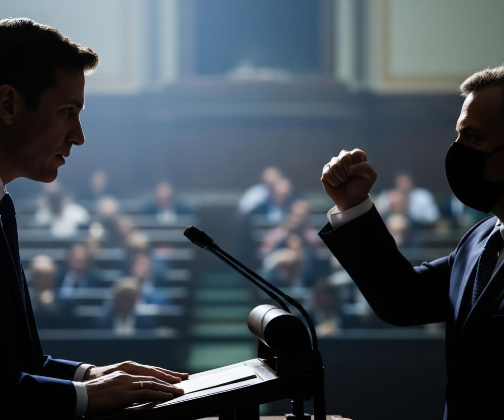 Dwóch mężczyzn w garniturach stoi naprzeciwko siebie w półmroku, podświetlonych z tyłu. Mężczyzna po lewej stronie opiera ręce na mównicy, na której leżą kartki papieru i mikrofon, patrząc w prawo. Mężczyzna po prawej stronie, w czarnej maseczce ochronnej, ma zaciśniętą pięść podniesioną do góry, skierowaną w stronę rozmówcy. W tle widoczna jest rozmyta grupa ludzi siedzących w rzędach.