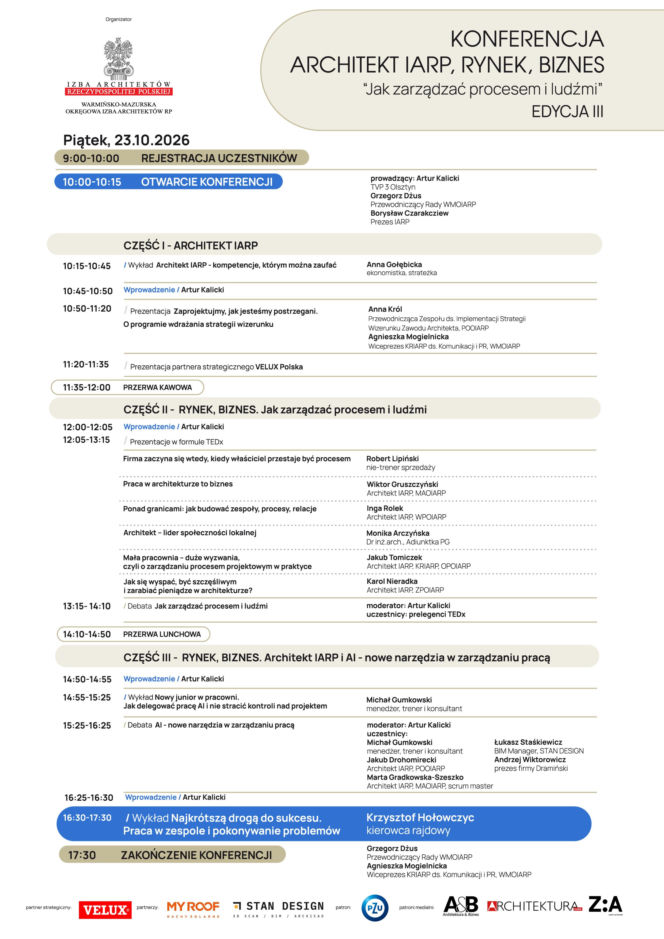 Konferencja „ARCHITEKT IARP, RYNEK, BIZNES – Jak zarządzać procesem i ludźmi” - program