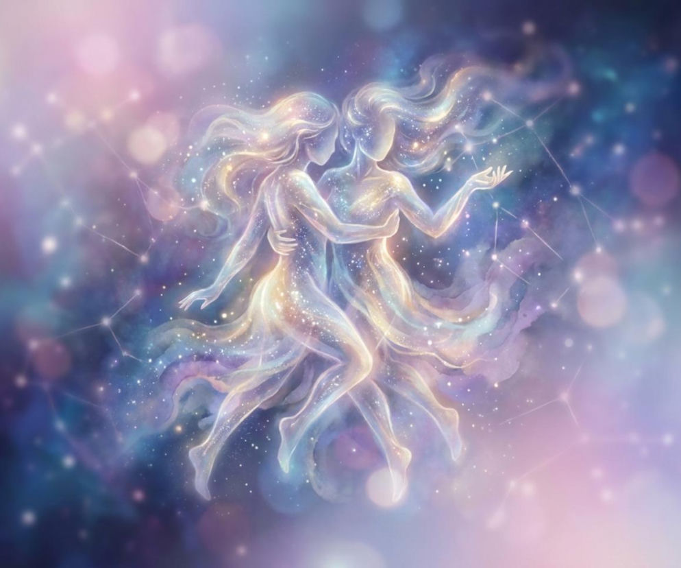 Ilustracja znaku zodiaku Bliźnięta, przedstawiająca dwie eteryczne, świetliste postacie tańczące wśród gwiazd i galaktycznych mgławic. Symbolizuje podwójną naturę Bliźniąt oraz ich wrażliwość. Więcej o horoskopie przeczytasz na naszym portalu.