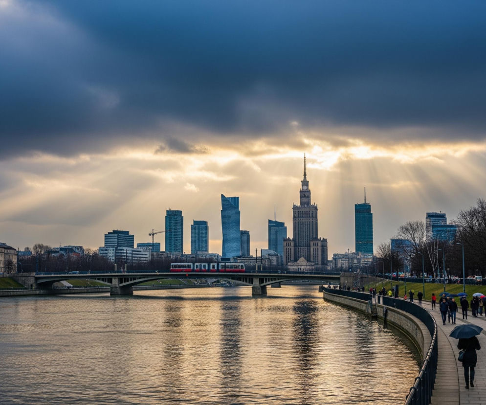 Szeroki kadr przedstawia rzekę i panoramę miasta pod zachmurzonym, ale rozświetlonym słońcem niebem. W centrum wznoszą się liczne wieżowce, w tym jeden wyraźnie dominujący z iglicą, otoczone promieniami słonecznymi przebijającymi się przez ciemne chmury. Przez rzekę przechodzi most z widocznym na nim jadącym tramwajem w kolorach czerwono-białym, natomiast wzdłuż prawego brzegu rzeki ciągnie się promenada z licznymi przechodniami, z których niektórzy idą z parasolami.