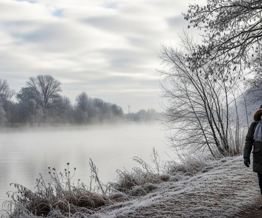 Mężczyzna w ciemnej kurtce z futrzanym kapturem, szarym szaliku i białej masce na twarzy idzie ścieżką po prawej stronie obrazu. Po jego prawej stronie biegnie rząd drzew pokrytych szronem, a po lewej rozciąga się rzeka spowita mgłą, z brzegu wystają oszronione trawy i rośliny. Horyzont dominuje jasne, zachmurzone niebo z widocznymi warstwami chmur. W oddali, po lewej stronie rzeki, widać zarysy drzew i subtelny most.