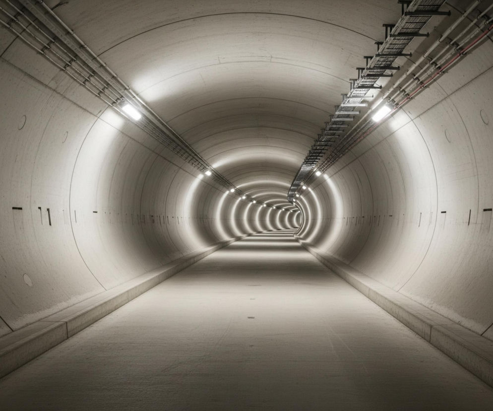 Długi, eliptyczny tunel wykonany z jasnoszarego betonu rozciąga się w głąb obrazu, zwężając się i tworząc efekt perspektywy. Wzdłuż sufitu po obu stronach biegną rzędy jasnych, podłużnych lamp, których światło tworzy odbicia na zakrzywionych ścianach, intensyfikując się w miarę oddalania. Nad prawą stroną tunelu widoczna jest metalowa konstrukcja przypominająca kratownicę, a tuż pod nią biegną rury, w tym jedna zaznaczona kolorem czerwonym. Podłoga tunelu, również z betonu, jest gładka i płaska, z niewielkimi podniesionymi krawędziami po obu stronach tworzącymi rodzaj chodników lub barier.