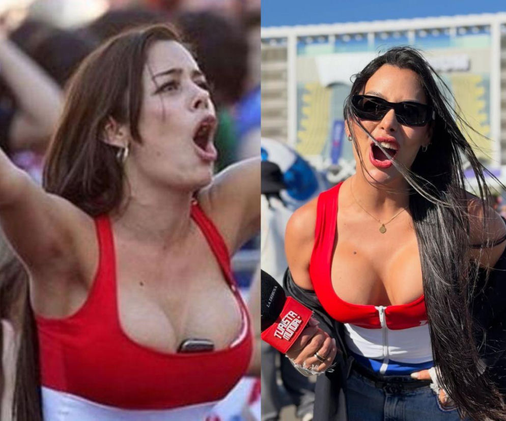 Larissa Riquelme na zdjęciu z przeszłości i obecnie. Po lewej jako młoda kibicka Paragwaju z telefonem w dekolcie, po prawej jako dziennikarka podczas mundialu 2026. Więcej o metamorfozie przeczytasz na naszym portalu.