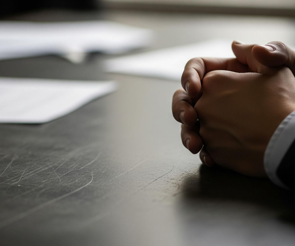 Złączone dłonie osoby w ciemnym garniturze i jasnej koszuli są głównym obiektem zdjęcia, umieszczonym po prawej stronie kadru. Skóra dłoni ma ciepły, brązowy odcień, a palce są splecione i lekko zgięte. Na nadgarstkach widoczne są mankiety białej koszuli wystające spod rękawów ciemnego garnituru. Dłonie spoczywają na ciemnym blacie, który jest porysowany i nosi ślady użytkowania. W tle, po lewej stronie, znajdują się rozmazane arkusze białego papieru, leżące na ciemnej powierzchni. Całe ujęcie jest oświetlone z lewej strony, tworząc delikatne cienie i podkreślając teksturę dłoni oraz blatu.