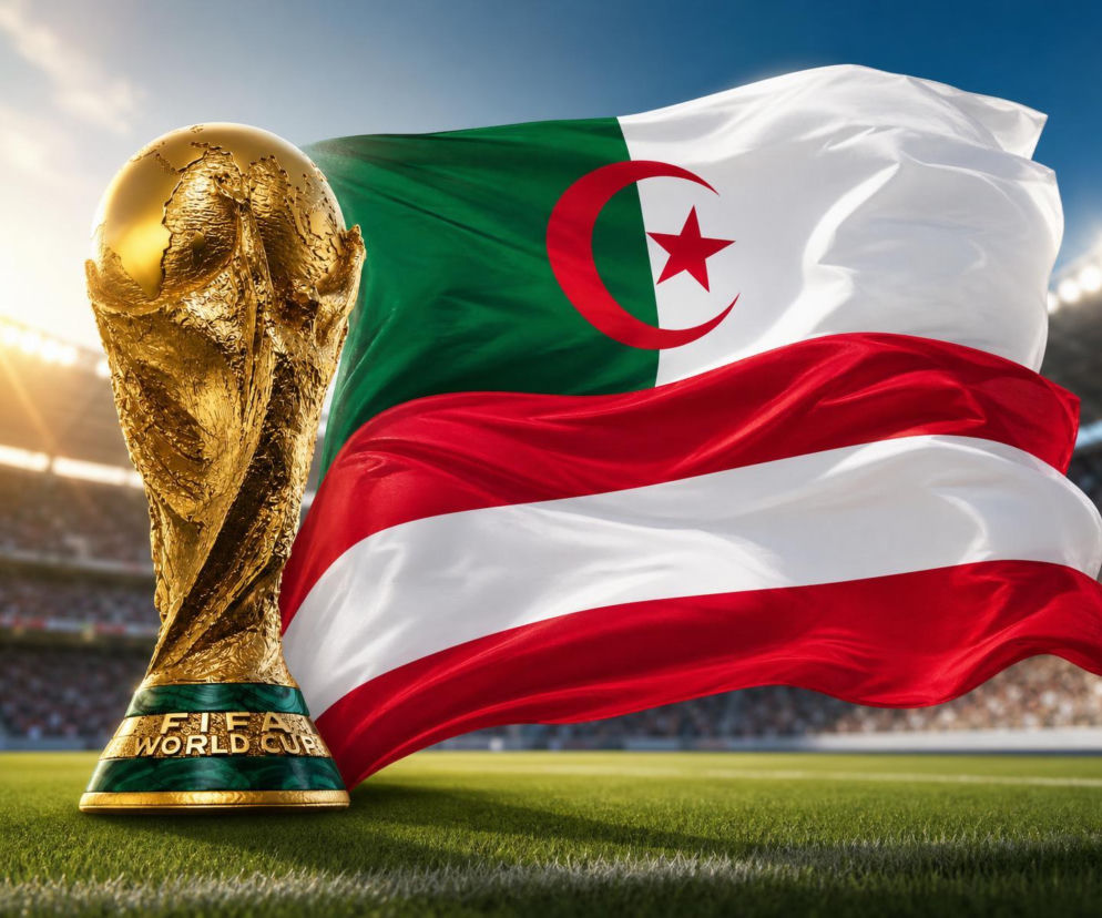 Złoty Puchar FIFA na tle flag Algierii i Austrii, powiewających na stadionie piłkarskim, co symbolizuje nadchodzące starcie tych drużyn w ramach Mistrzostw Świata 2026, o którym przeczytasz więcej na naszym portalu.