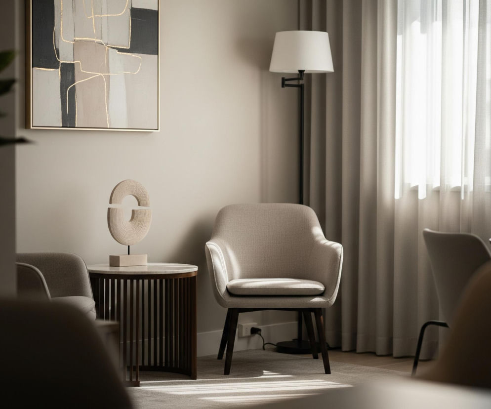 Wnętrze pokoju utrzymane jest w jasnych, neutralnych barwach. Po lewej stronie widać fragment zielonej rośliny w doniczce, obok niej na ścianie wisi prostokątny obraz z abstrakcyjnym wzorem w odcieniach czerni, beżu i szarości, z subtelnymi złotymi liniami. Poniżej obrazu znajduje się mały, okrągły stolik z marmurowym blatem i drewnianą, listwową podstawą, na którym stoi rzeźba w kształcie pierścienia. Po prawej stronie stolika stoi beżowy fotel z ciemnymi drewnianymi nogami, a dalej za nim ciemna lampa podłogowa z białym abażurem. Po prawej stronie obrazu dominuje duże okno z jasnymi, półprzezroczystymi firankami i zasłonami w kolorze beżowo-szarym, przez które wpada naturalne światło, tworząc smugi cienia na beżowym dywanie. W tle po prawej widoczne są fragmenty stołu i krzeseł, częściowo przesłonięte przez inne meble na pierwszym planie.