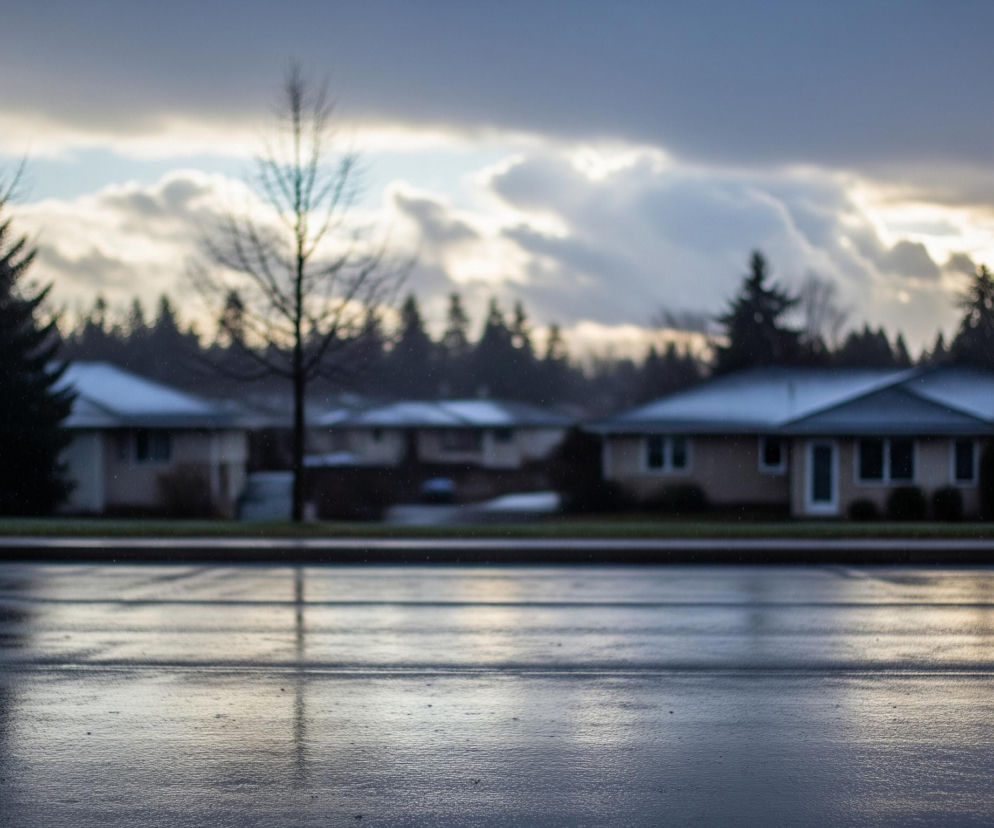 Na pierwszym planie widoczny jest mokry, ciemny asfalt, z widocznymi odbiciami światła na jego powierzchni, co wskazuje na niedawne opady deszczu lub mokrą nawierzchnię. W tle, rozmyte, znajdują się niskie domy jednorodzinne z ośnieżonymi dachami, otoczone drzewami, zarówno iglastymi, jak i liściastymi bez liści. Horyzont dominuje zachmurzone niebo, z jaśniejszymi fragmentami, przez które przebija się światło słoneczne, tworząc kontrast między ciemnymi chmurami a rozjaśnionymi obszarami.
