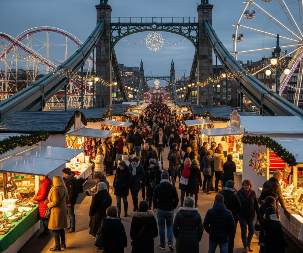Most otoczony jarmarcznymi straganami, oświetlony migoczącymi lampkami i ozdobami świątecznymi, tętni życiem po zmroku. Tłumy ludzi w ciepłych ubraniach spacerują między budkami, oglądając wystawione towary i rozmawiając ze sprzedawcami. W tle, po obu stronach mostu, widoczne są intensywnie oświetlone karuzele, w tym diabelski młyn i duża kolejka górska, które dodają scenerii jarmarcznego, świątecznego nastroju. Ciemne, pochmurne niebo podkreśla blask świateł, a odległe budynki miejskie rysują się niewyraźnie na horyzoncie.