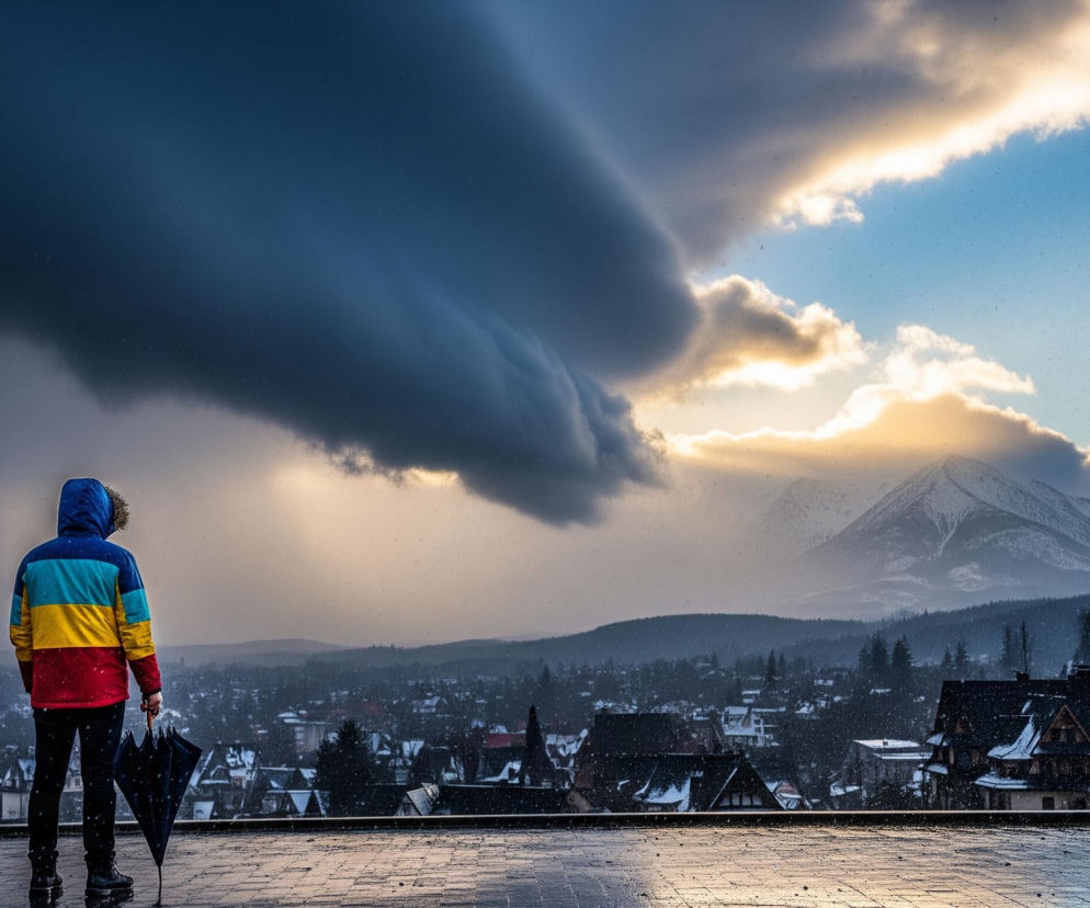 Na pierwszym planie, odwrócona tyłem do widza, stoi osoba w kolorowej kurtce z kapturem, z przewagą odcieni niebieskiego, żółtego i czerwonego, trzymając złożony parasol w lewej dłoni. Osoba stoi na mokrej, wybrukowanej powierzchni, która odbija światło, z widocznymi pojedynczymi płatkami śniegu lub deszczu na całej powierzchni obrazu. W tle rozciąga się zimowy krajobraz z miastem lub osadą pokrytą śniegiem i licznymi, ośnieżonymi domami o ciemnych dachach.

Powyżej miasta wznoszą się zaśnieżone góry, a nad nimi rozciąga się dramatyczne niebo: po lewej stronie dominuje ciemna, gęsta chmura burzowa, natomiast po prawej niebo jest jaśniejsze, częściowo błękitne z promiennymi, złocistymi chmurami, przez które przebija się słońce, oświetlając ośnieżone szczyty.