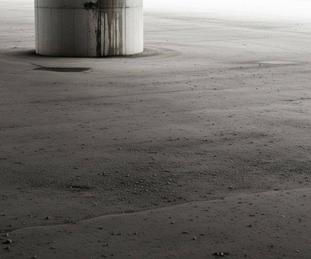 Centralny element to okrągły, betonowy filar w kolorze jasnoszarym, z widocznymi ciemnymi, pionowymi zaciekami na lewej stronie. Filar stoi na rozległej, płaskiej powierzchni, która zajmuje większość kadru. Powierzchnia ta jest w odcieniach szarości, od ciemniejszej na pierwszym planie, do jaśniejszej, niemal białej, w górnej części obrazu. Cała przestrzeń pokryta jest drobnymi kamykami lub grudkami, tworzącymi teksturę, oraz gdzieniegdzie widoczne są subtelne fale lub koleiny na jej powierzchni. Po lewej stronie filara znajduje się niewielka, ciemna plama na ziemi, przypominająca kałużę lub cień.