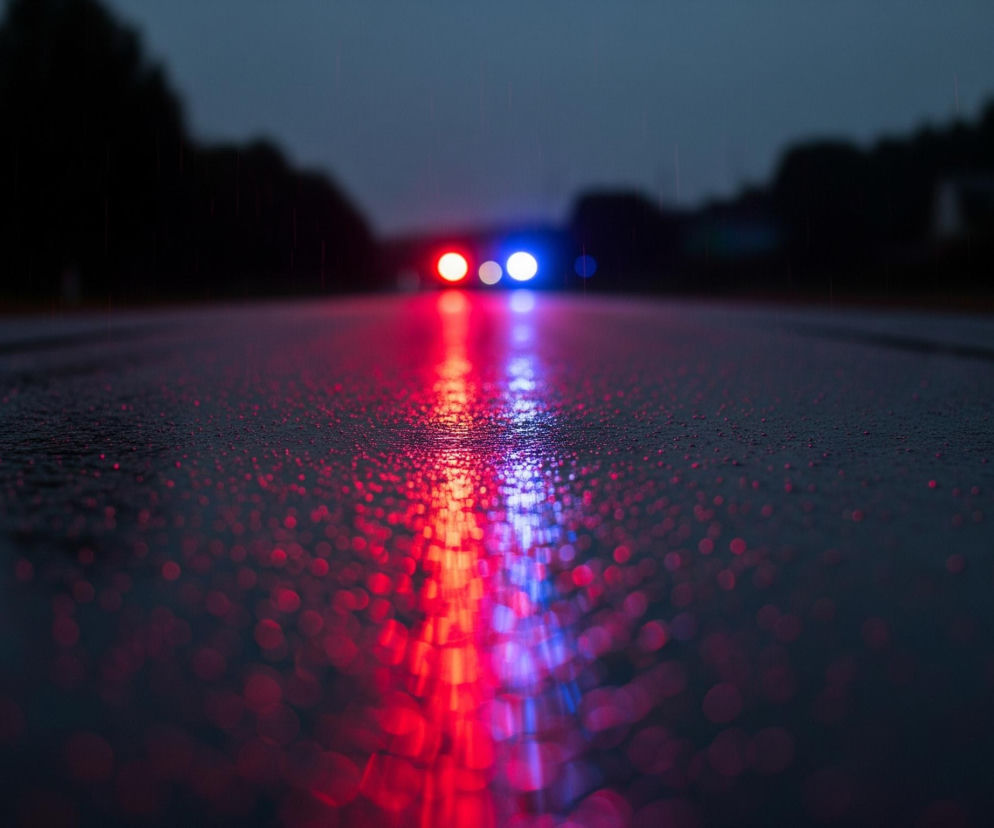 Mokry, asfaltowy pas drogi rozciąga się w głąb obrazu, zajmując większą część kadru. Na jego powierzchni odbijają się intensywne czerwone i niebieskie światła, tworząc rozmyte, pionowe smugi, które rozchodzą się od górnej części kadru ku dołowi. W tle, na horyzoncie, widać rozmyte sylwetki drzew i ciemne, niewyraźne obiekty, z niebem w kolorze ciemnego granatu lub szarości ponad nimi. Dwa jasne, okrągłe światła czerwone i dwa niebieskie, wyraźnie widoczne w oddali, są źródłem wspomnianych odbić.