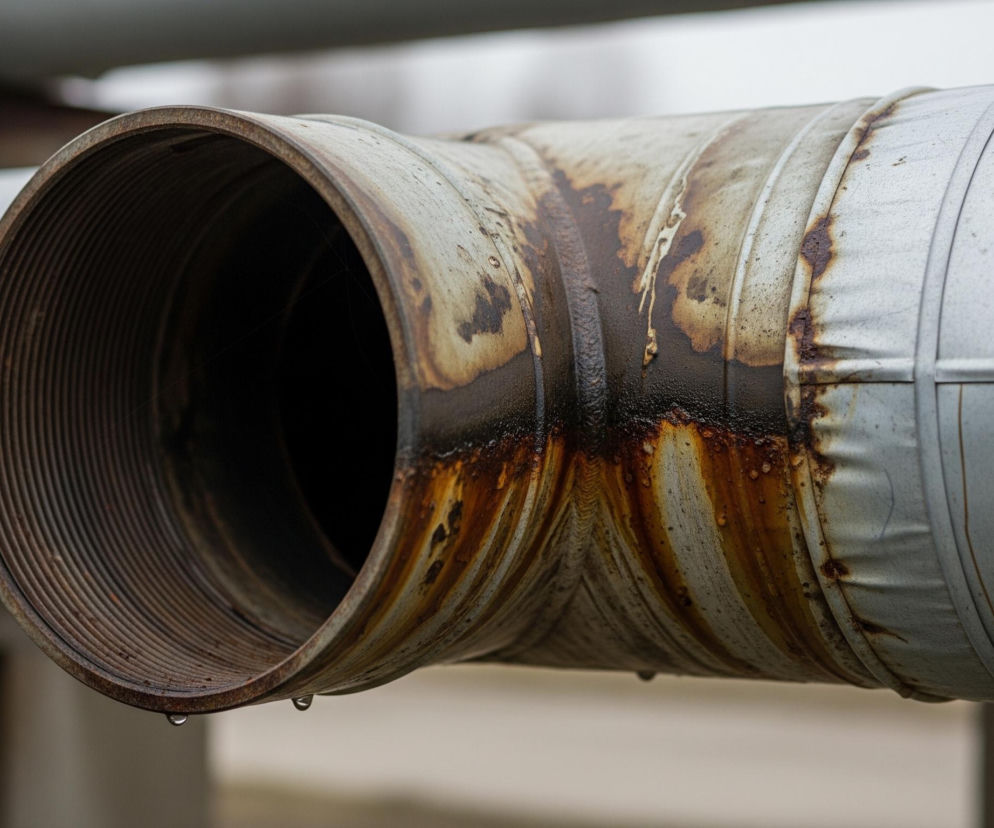 Na zdjęciu widoczna jest metalowa rura w kształcie litery T, ułożona poziomo, z dominującymi barwami szarości, brązu i czerni. Odgałęzienie rury skierowane jest w lewo i ma postrzępione, wyraźnie zardzewiałe krawędzie z gwintowaniem wewnątrz, gdzie widać krople cieczy zwisające od dołu. Miejsca łączenia rur są silnie zabrudzone i zardzewiałe, z widocznymi zaciekami o ciemnobrązowej, niemal czarnej barwie. Główny odcinek rury, pokryty jasnoszarym materiałem, ma nierównomierną teksturę i jest częściowo osłonięty metalowymi opaskami. Tło jest rozmyte, utrzymane w jasnych, neutralnych odcieniach szarości i beżu.