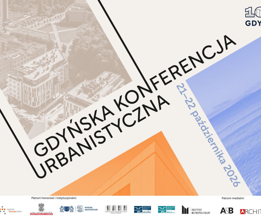 Plakat Gdyńskiej Konferencji Urbanistycznej z widokiem na miasto i morze. O wydarzeniu przeczytasz na Architektura.