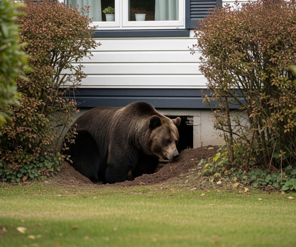 Duży, brązowy niedźwiedź o ciemnym futrze wyłania się z ciemnego otworu przypominającego norę, umiejscowionego przy fundamencie białego domu z szarymi elementami. Zwierzę, z głową zwróconą lekko w prawo i w dół, zdaje się węszyć lub badać otoczenie tuż nad świeżo przekopaną ziemią, która tworzy niewielkie wzniesienie wokół wejścia do nory. Cała scena rozgrywa się na trawniku o intensywnie zielonej barwie, a po obu stronach kadru widoczne są gęste krzewy, z których te po lewej są rozmyte i jaskrawo zielone, a po prawej bardziej szczegółowe, z liśćmi w odcieniach zieleni i brązu.