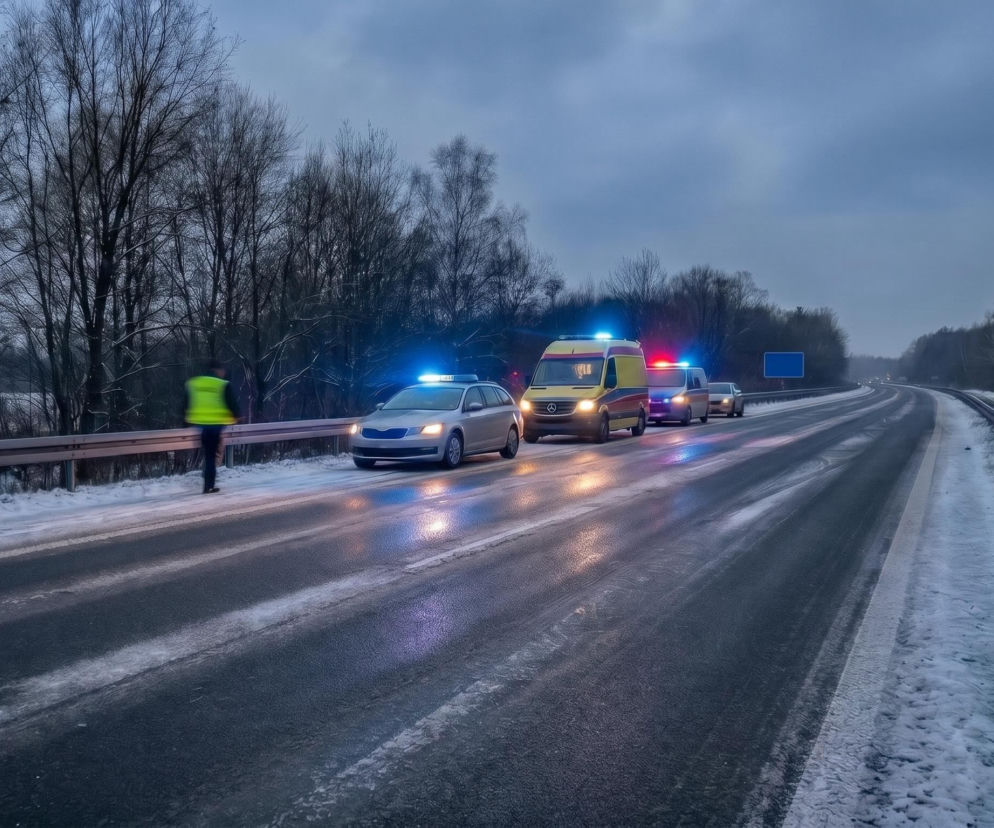 Zimowa, zaśnieżona droga ekspresowa z radiowozem policyjnym i karetką pogotowia na poboczu, sygnalizującymi niebezpieczeństwo. Osoba w odblaskowej kamizelce stoi obok barierki, prowadząc działania ratunkowe w sprawie tragicznej śmierci z wychłodzenia, o której przeczytasz na naszym portalu.