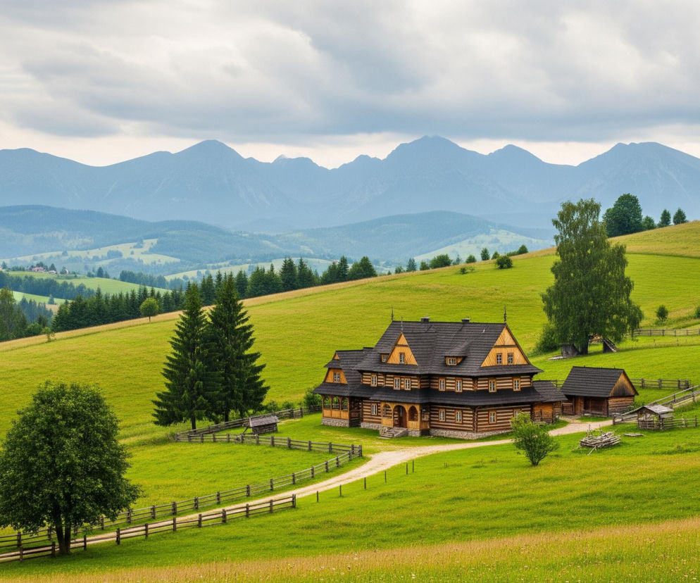 Drewniany dom w góralskim stylu z otaczającymi go zielonymi wzgórzami i pasmami górskimi w tle, symbolizujący polską wieś. Obraz oddaje piękno krajobrazu, nawiązując do dyskusji o przyszłości polskich gmin na Super Biznes.