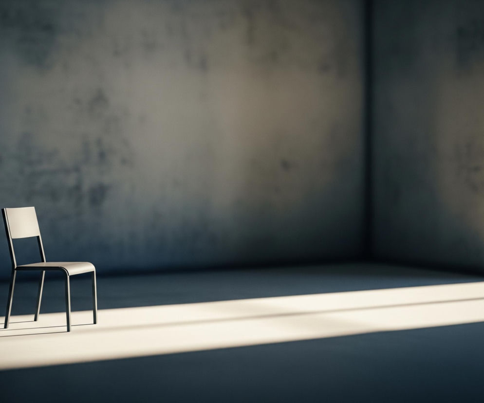 W centrum kadru stoi szare, minimalistyczne krzesło z czterema prostymi nogami i płaskim oparciem, rzucające długi, wyraźny cień w lewo. Krzesło znajduje się w pomieszczeniu o surowych, betonowych ścianach w odcieniach szarości, z widocznymi przebarwieniami i teksturą. Przez pomieszczenie, wzdłuż podłogi i częściowo po ścianach, przebiega szeroki pas jasnego, naturalnego światła, kontrastując z zacienionymi obszarami. Całość tworzy przestrzeń o pustym i spokojnym charakterze, z wyraźnym podziałem na światło i cień.