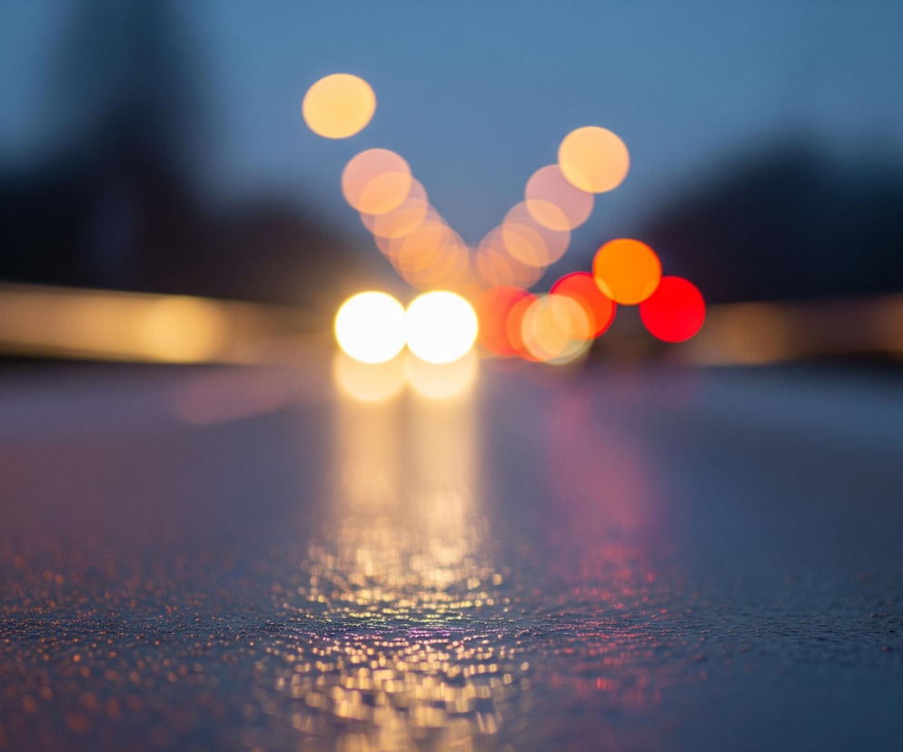 Głównym obiektem jest rozmyta ulica widziana z niskiej perspektywy, pokryta licznymi drobnymi kropelkami wody, które odbijają światło. Na tle ciemnoniebieskiego nieba widoczne są szeregi rozmytych, okrągłych świateł. W oddali pośrodku kadru dominują dwa jasne, biało-żółte światła, prawdopodobnie reflektory pojazdu. Po ich bokach i za nimi rozmieszczone są mniejsze, okrągłe światła w odcieniach pomarańczu i czerwieni, tworzące świetlisty ciąg. Światła te tworzą ciepłe refleksy na mokrej nawierzchni, zwłaszcza te jaśniejsze, które tworzą smugi rozciągające się w kierunku dołu obrazu.