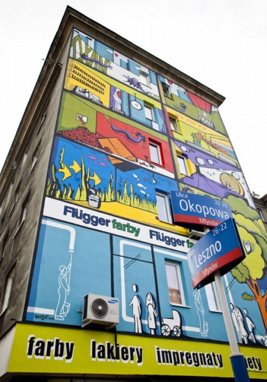 Mural na ścianie kamienicy na warszawskiej Woli