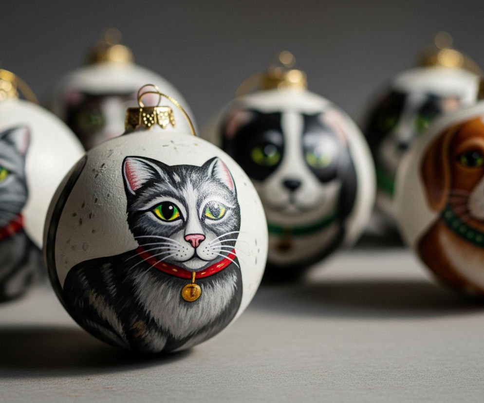 Na pierwszym planie, centralnie, widoczna jest biała bombka świąteczna ozdobiona malunkiem szarego kota z zielonymi oczami i różowym nosem, ubranego w czerwoną obrożę ze złotym dzwoneczkiem. Za nią, po lewej stronie, rozmyta jest kolejna bombka z szarym kotem, a po prawej widać bombki z czarno-białym kotem oraz brązowo-białym psem. Wszystkie bombki mają złote zawieszki na górze i leżą na jasnoszarym, teksturyzowanym tle, z ciemniejszym, rozmazanym tłem za nimi.