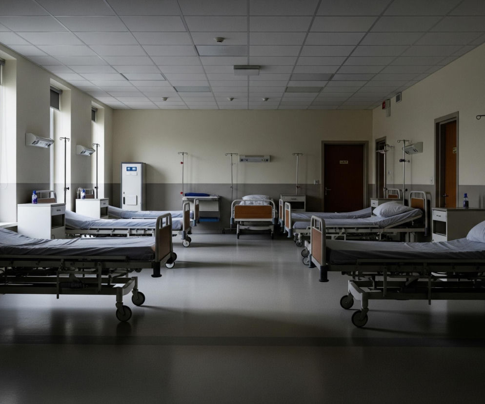 Pusta sala szpitalna z rzędami łóżek medycznych, wyłożonych szarym materiałem i poduszkami, rozciąga się w głąb obrazu. Ściany są dwukolorowe, z jaśniejszym beżowym odcieniem u góry i ciemnoszarym pasem na dole, z podłogą w podobnym odcieniu szarości. Światło dzienne wpada przez wysokie okna po lewej stronie, rzucając wydłużone cienie łóżek i statywów kroplówkowych na podłogę. W tle widoczne są drzwi z ciemnego drewna, a sufit wyłożony jest kwadratowymi płytami z widocznymi kratkami wentylacyjnymi i czujnikami dymu.