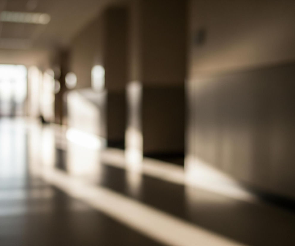 Długi korytarz rozciąga się w głąb obrazu, zlewając się z jasnym światłem na końcu. Od prawej strony padają wyraźne, ukośne pasma światła, tworząc kontrastowe cienie na ścianie i podłodze. Ściany korytarza są w odcieniach beżu i brązu, a wzdłuż sufitu widoczne są niewyraźne, prostokątne kształty oświetlenia. Cały obraz jest nieostry, nadając mu miękki, rozmyty charakter.