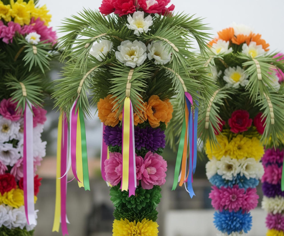 Cztery kolorowe, pionowe kompozycje kwiatowe z zielonymi liśćmi palmowymi wyróżniają się na rozmytym, jasnoszarym tle. Każda kompozycja składa się z długich, wąskich, zielonych liści palmowych na górze, z których zwisają różnobarwne wstążki, takie jak żółte, różowe, zielone i niebieskie. Poniżej liści znajdują się ułożone w sekcje sztuczne kwiaty w różnych kolorach, tworząc pionowe pasy barw, między innymi czerwone, białe, żółte, różowe, pomarańczowe, fioletowe i niebieskie. Kompozycje te są częściowo rozmyte, z wyjątkiem tej w centrum, która jest najostrzejsza i najbardziej szczegółowa.